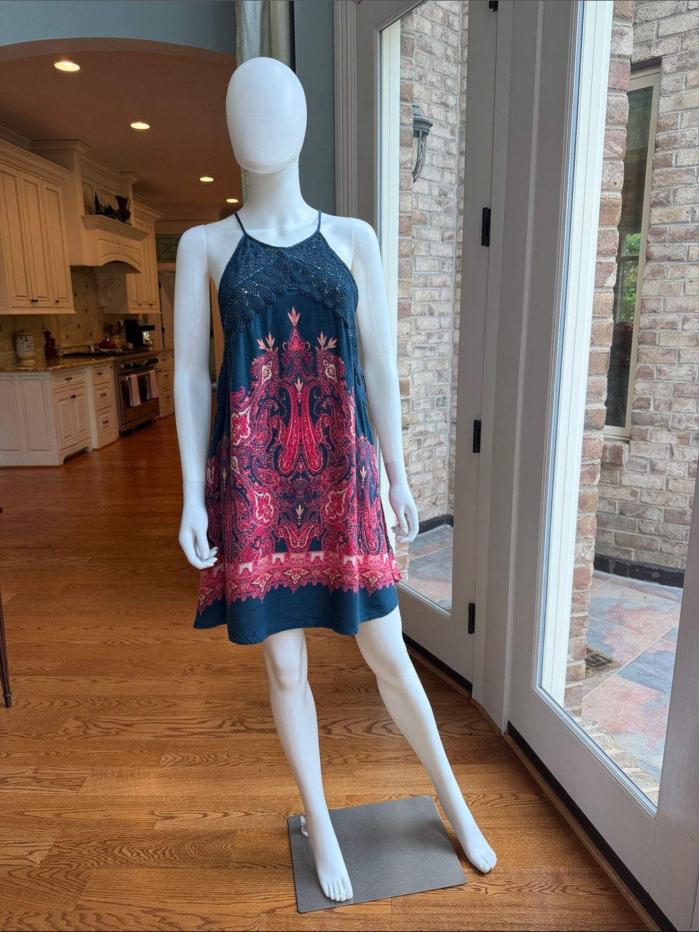 Free People Sleeveless Navy Mini Dress with Red Paisley Print